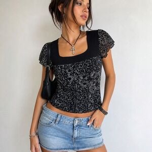 Style & Co Womens Medium Black Lace Square‎ Neck Short Sleeve Metallic Top M